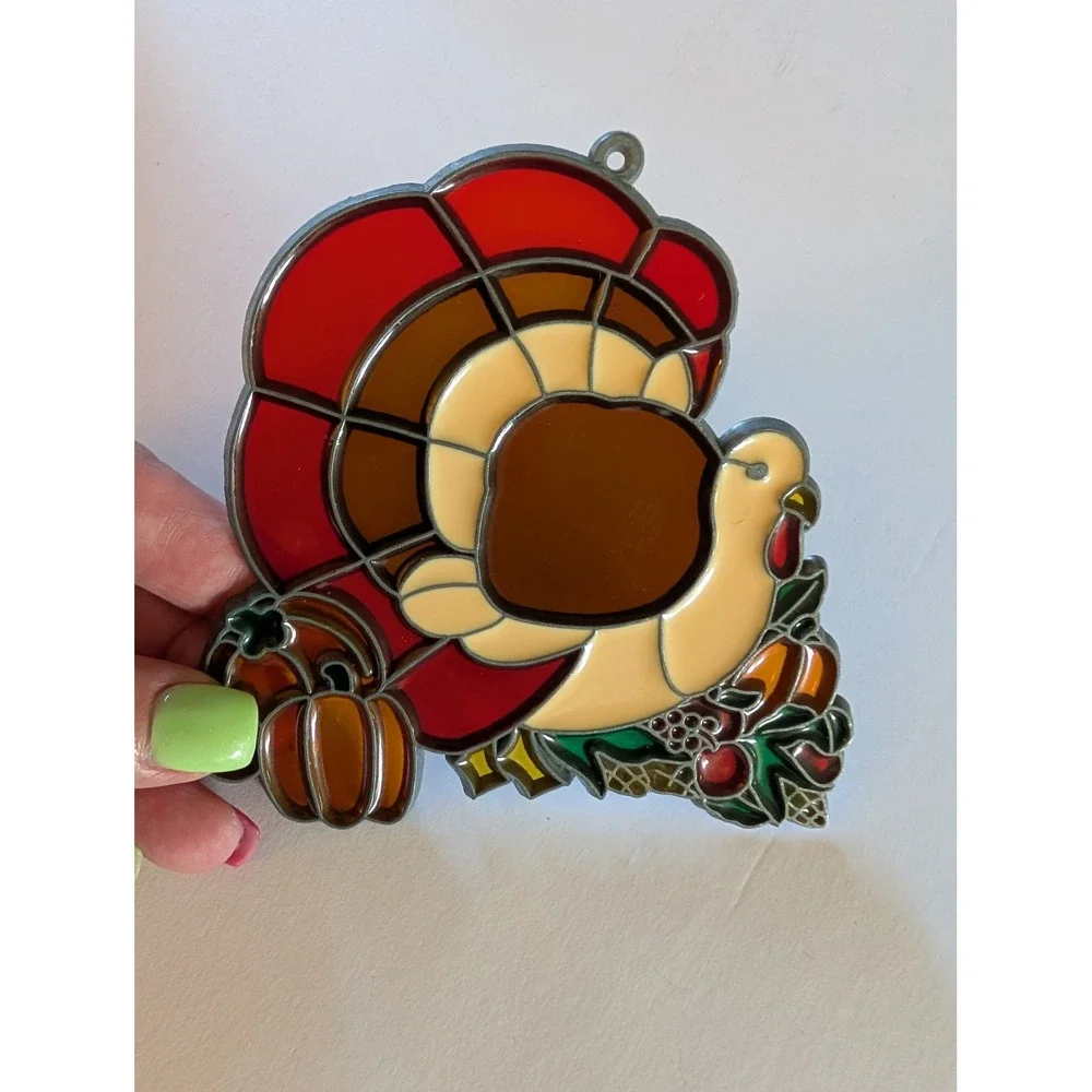 Vintage Turkey Pumpkin Faux Stained Glass Suncatcher Fall Decor Red Brown Cream